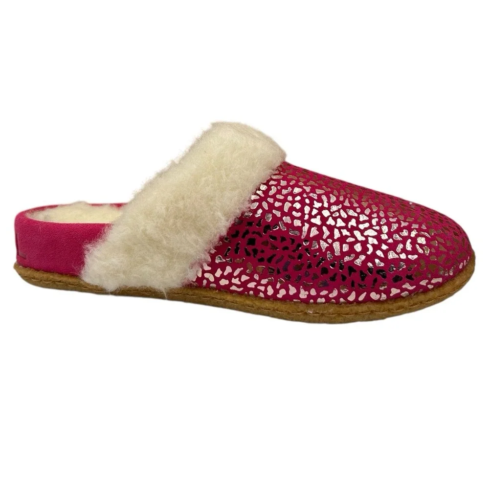 SOREL Nakiska Youth‎ Girls Faux Fur Slippers Size 4 Pink - Silver Animal Print